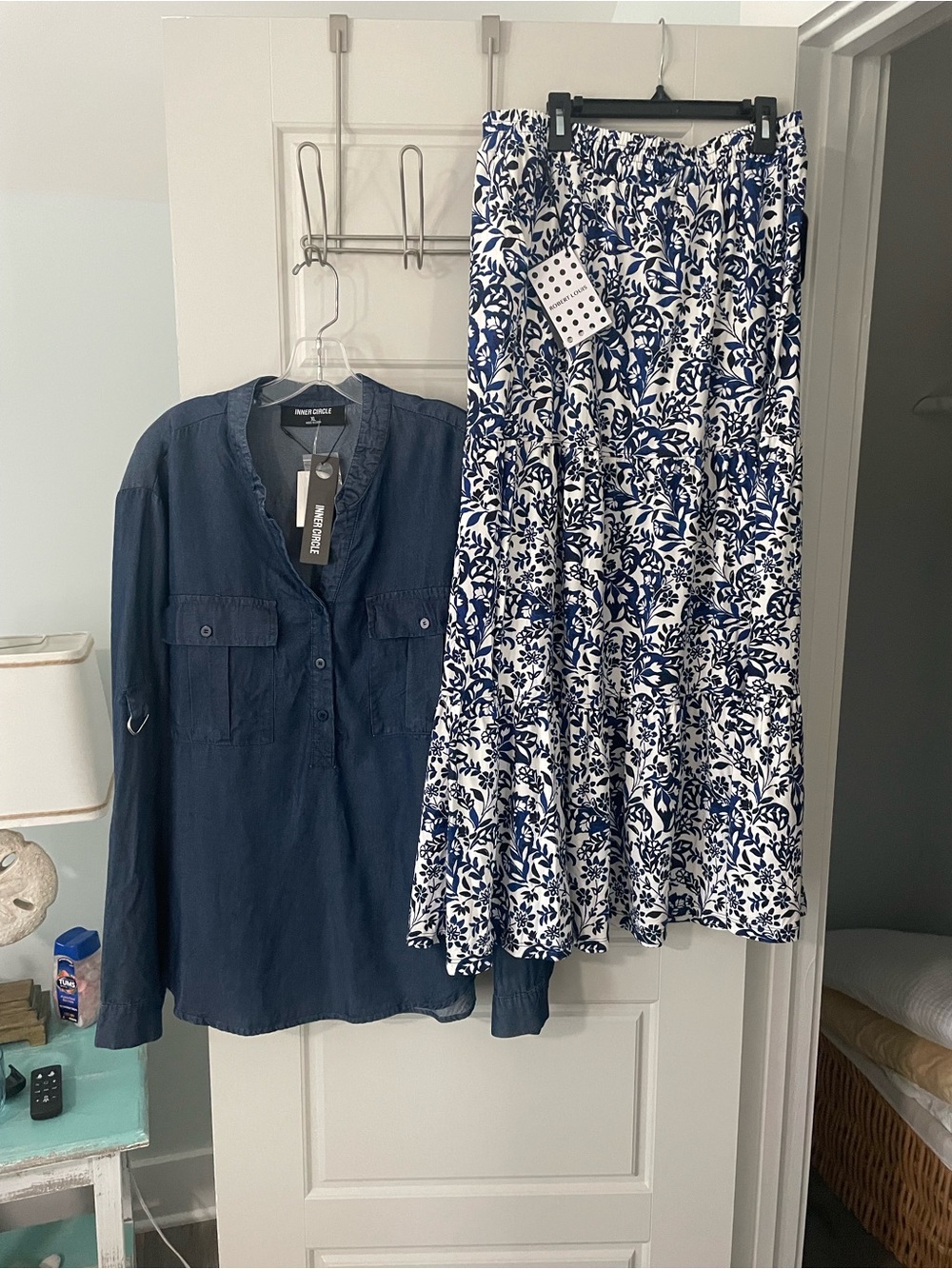 Blue and White Tiered Midi Skirt Robert Louis 1x inner circle denim shirt xl